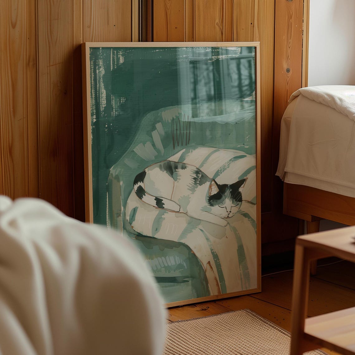 Sleeping Black And White Cat Curled On A Cushion In Teal Wall Art - Image 4