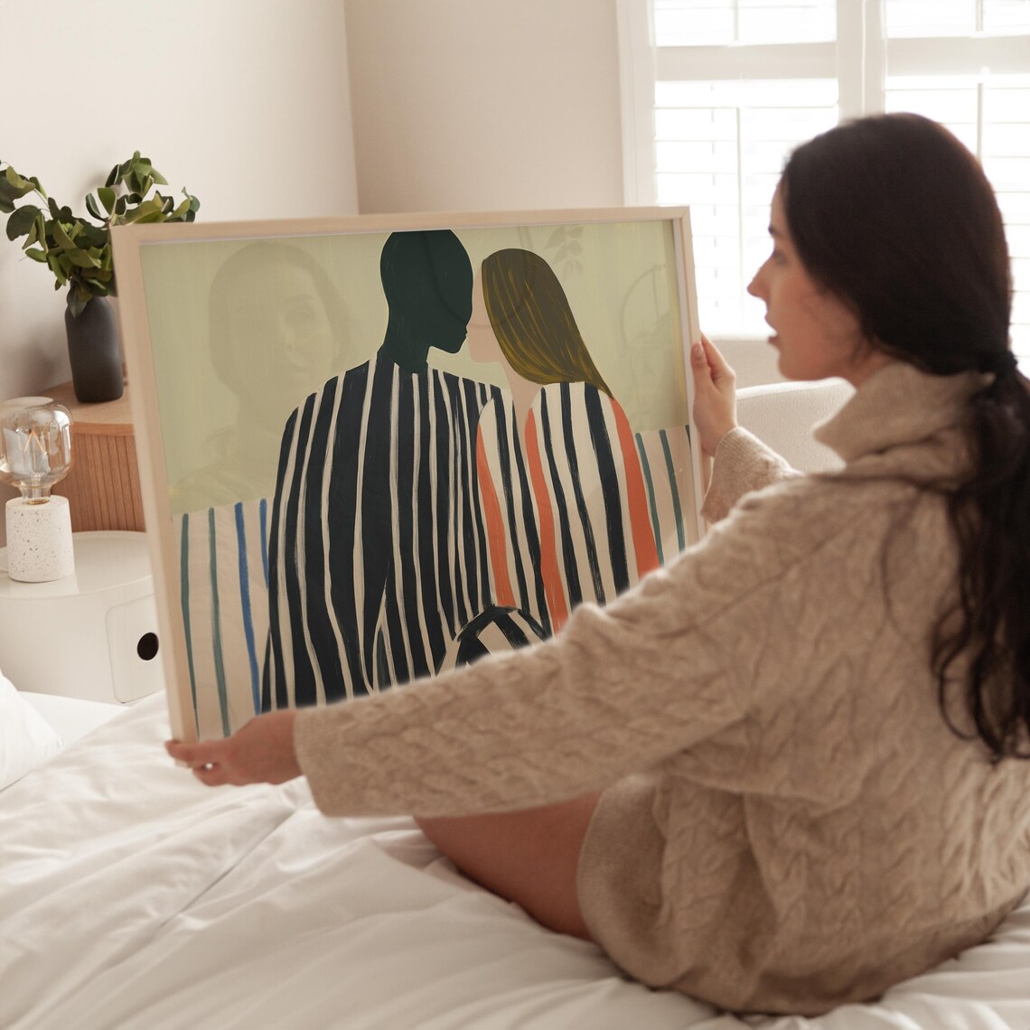 Intimate Couple in Striped Robes Muted Sage Tones Romantic Poster - Image 4
