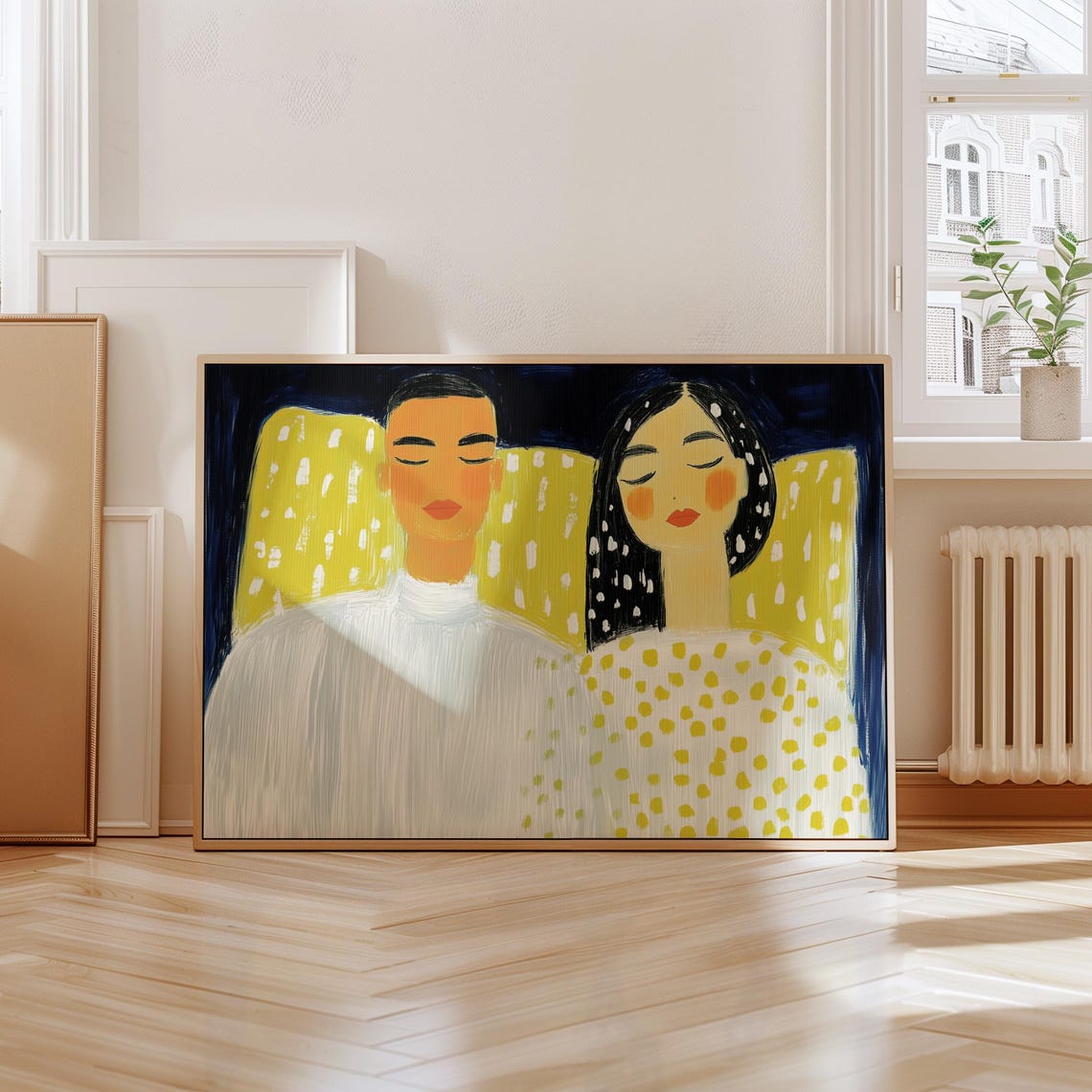 Two Women in White Before a Bright Yellow Polka Dot Field Poster