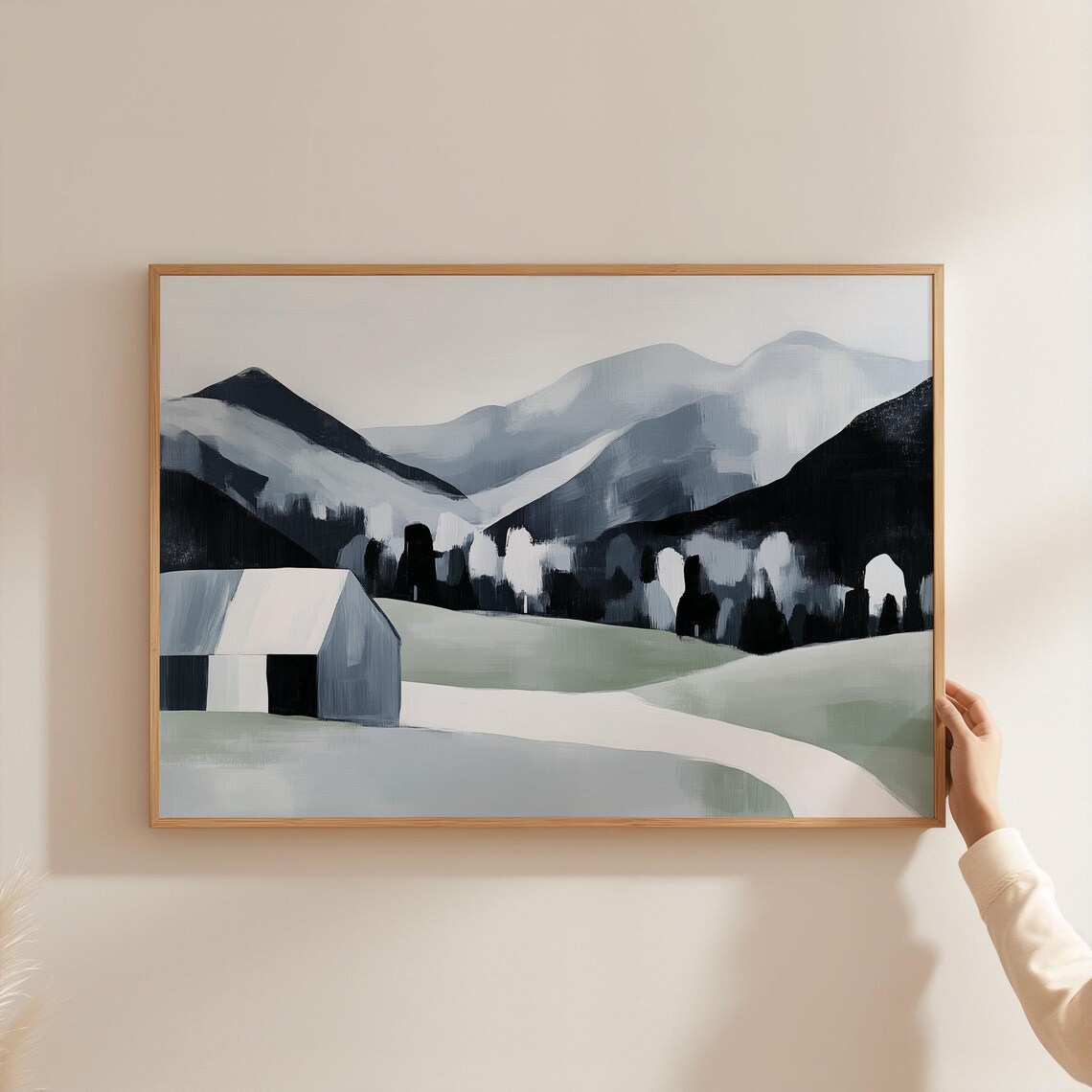 Minimalist Farmhouse Landscape Art Print, Rural Hills