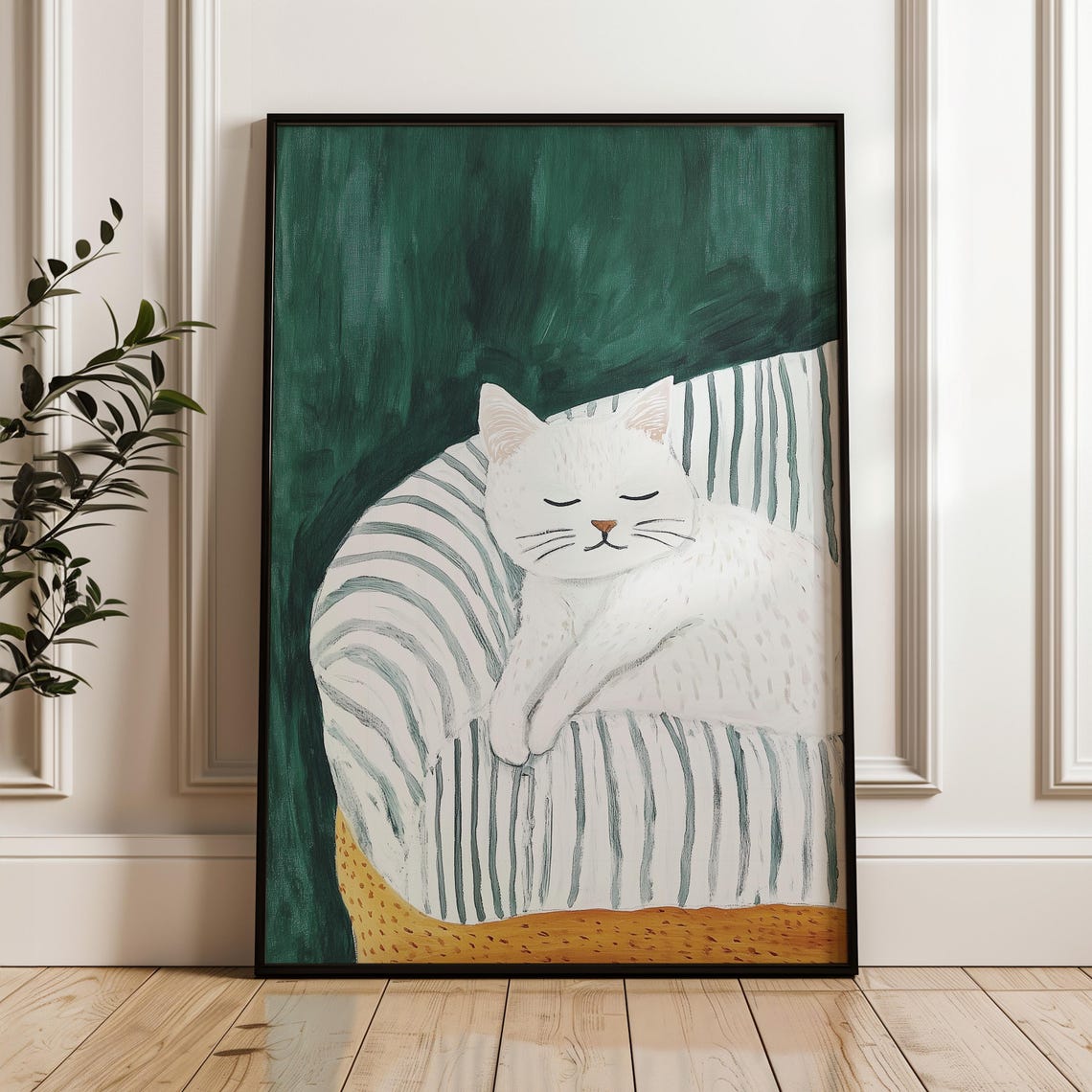White Cat Sleeping Cozy Striped Chair Green Minimalist Pet Poster