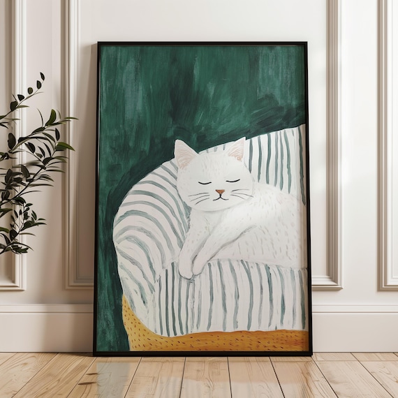 White Cat Sleeping Cozy Striped Chair Green Minimalist Pet Poster