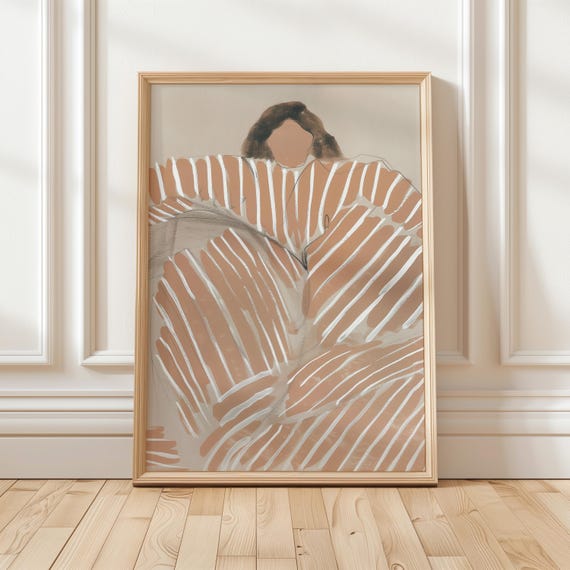 Abstract Minimalist Figure Wrapped In Stripes Neutral Tones White Lines Modern Wall Art Print For Contemporary Home Decor