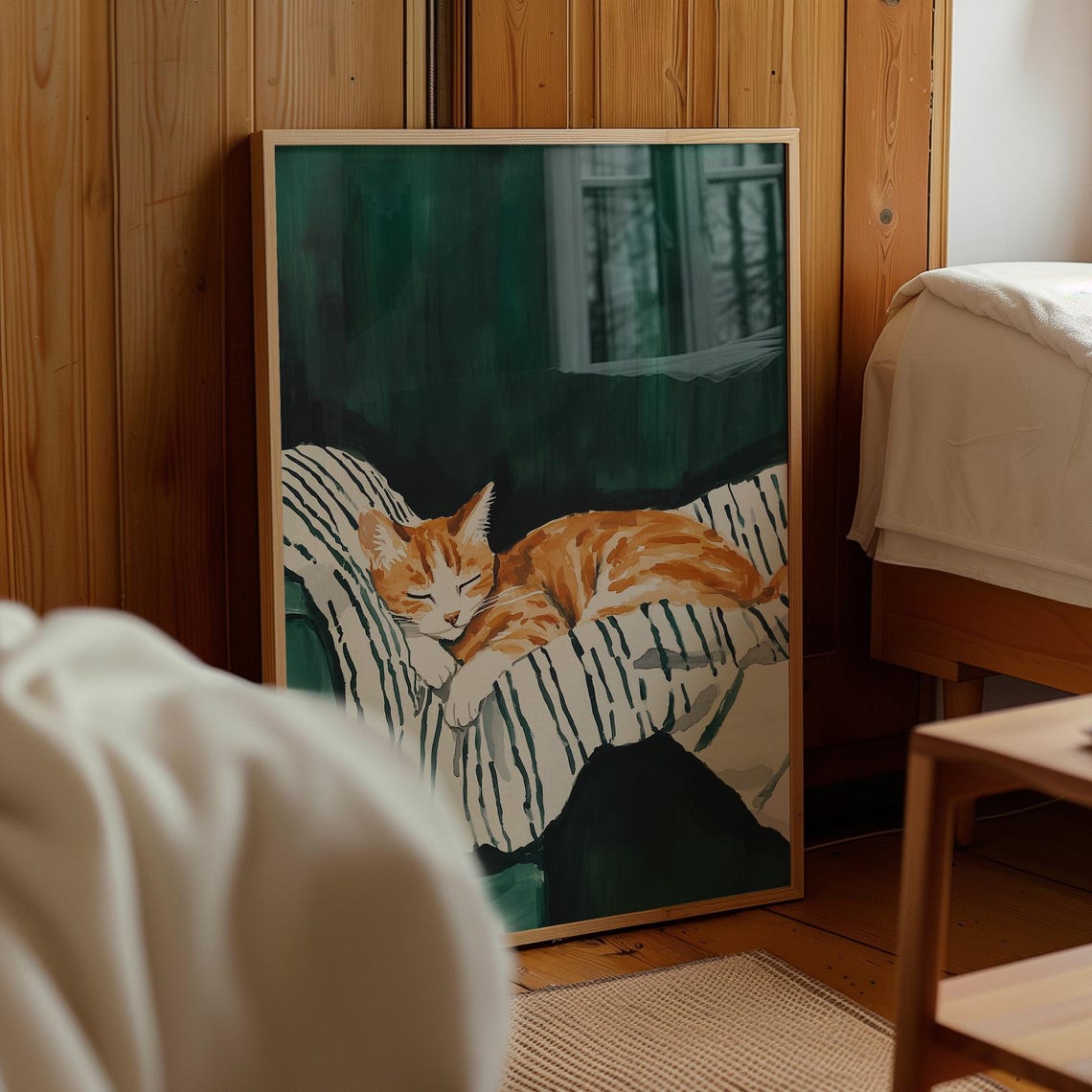 Sleeping Orange Tabby Cat Striped Blanket Emerald Green Pet Poster - Image 4
