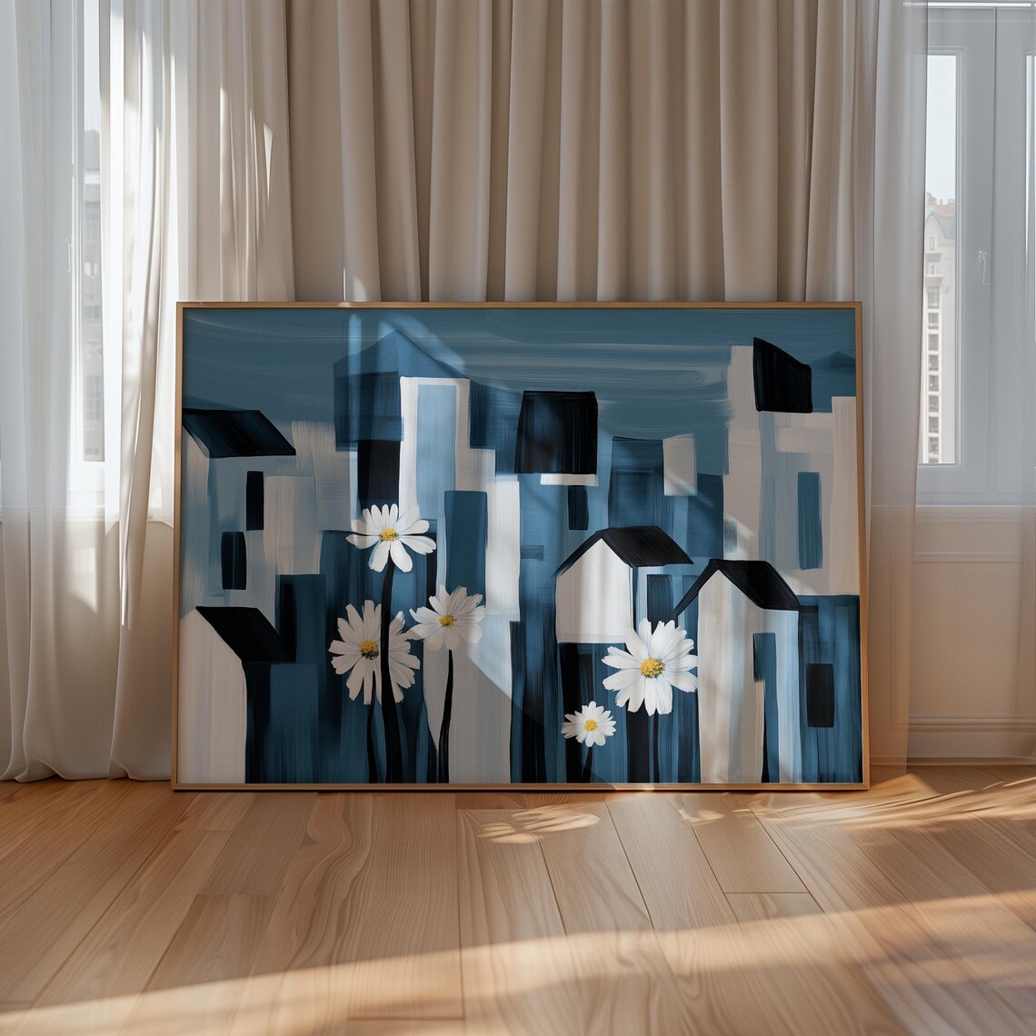 Modern Daisy City Wall Art, Abstract Floral Poster - Image 3