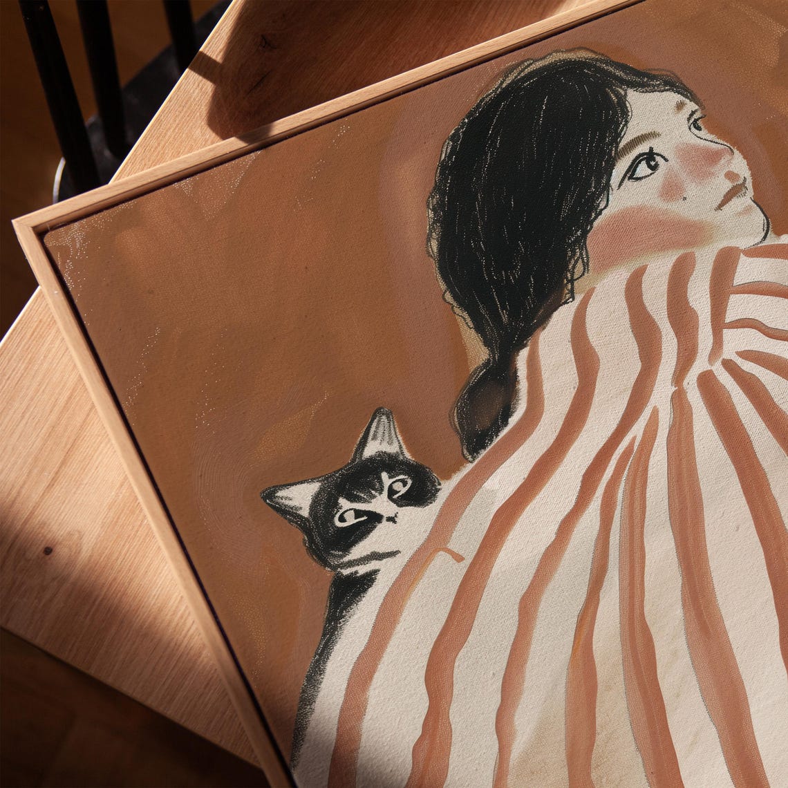 Whimsical Woman And Cat Striped Blanket Warm Brown Art Poster - Image 4