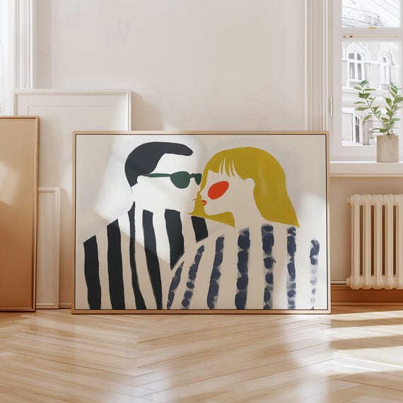 Abstract Couple Art Print Modern Minimalist Design Black And White Stripes With Bold Red And Yellow Accents Romantic Wall Decor