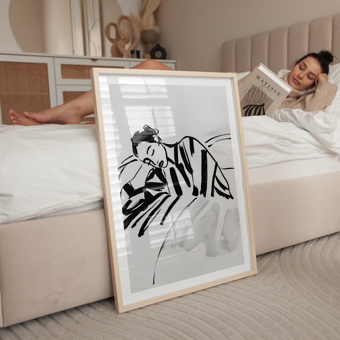 Abstract Woman Ink Sketch in Stripes Black and White Contemporary Poster - Image 2