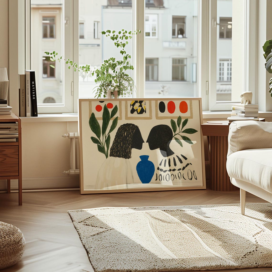 Two Women Silhouettes Facing Each Other Blue Vase Botanical Poster