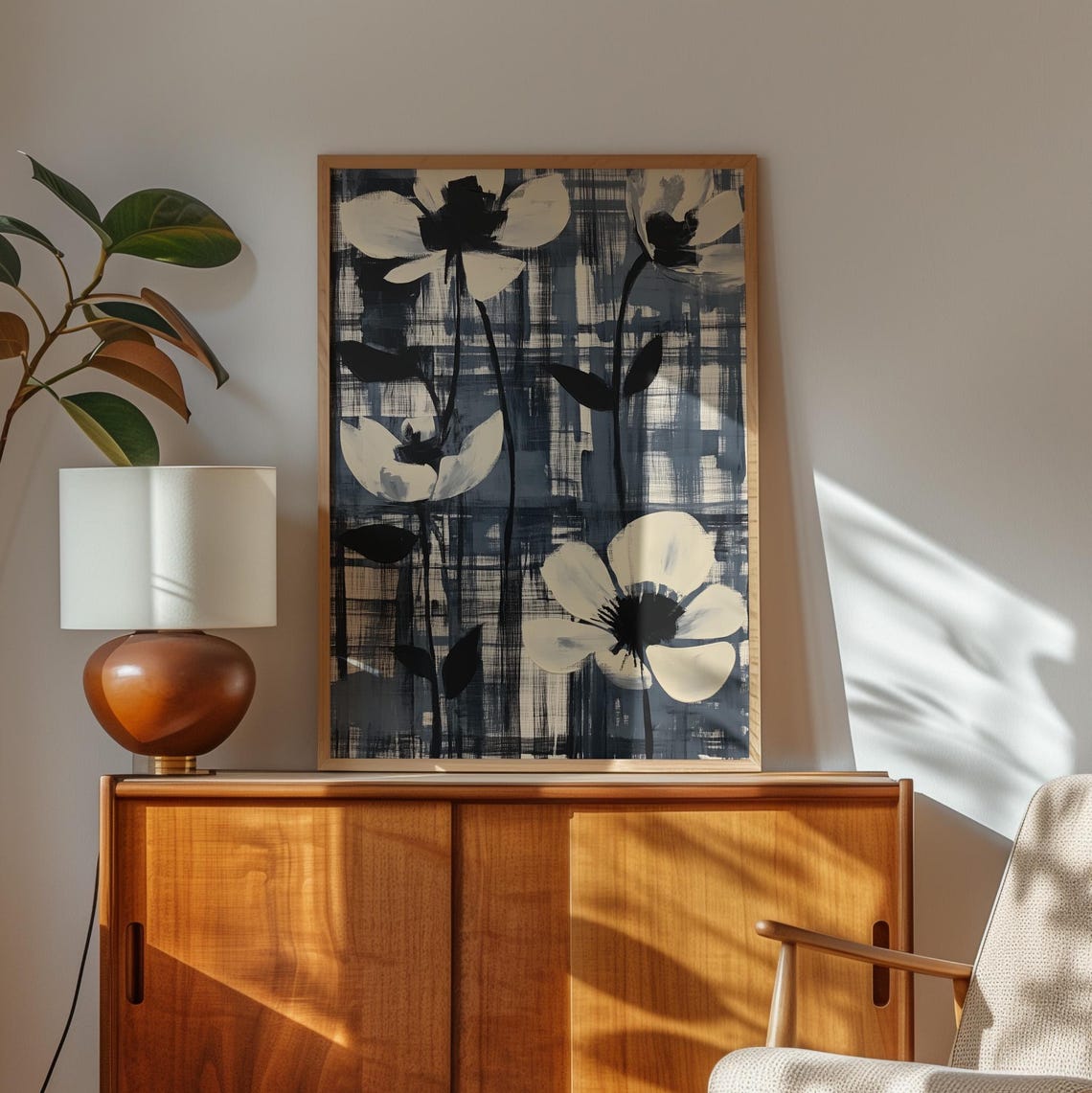 Monochrome White Flowers Abstract Grid Pattern Floral Wall Art - Image 2