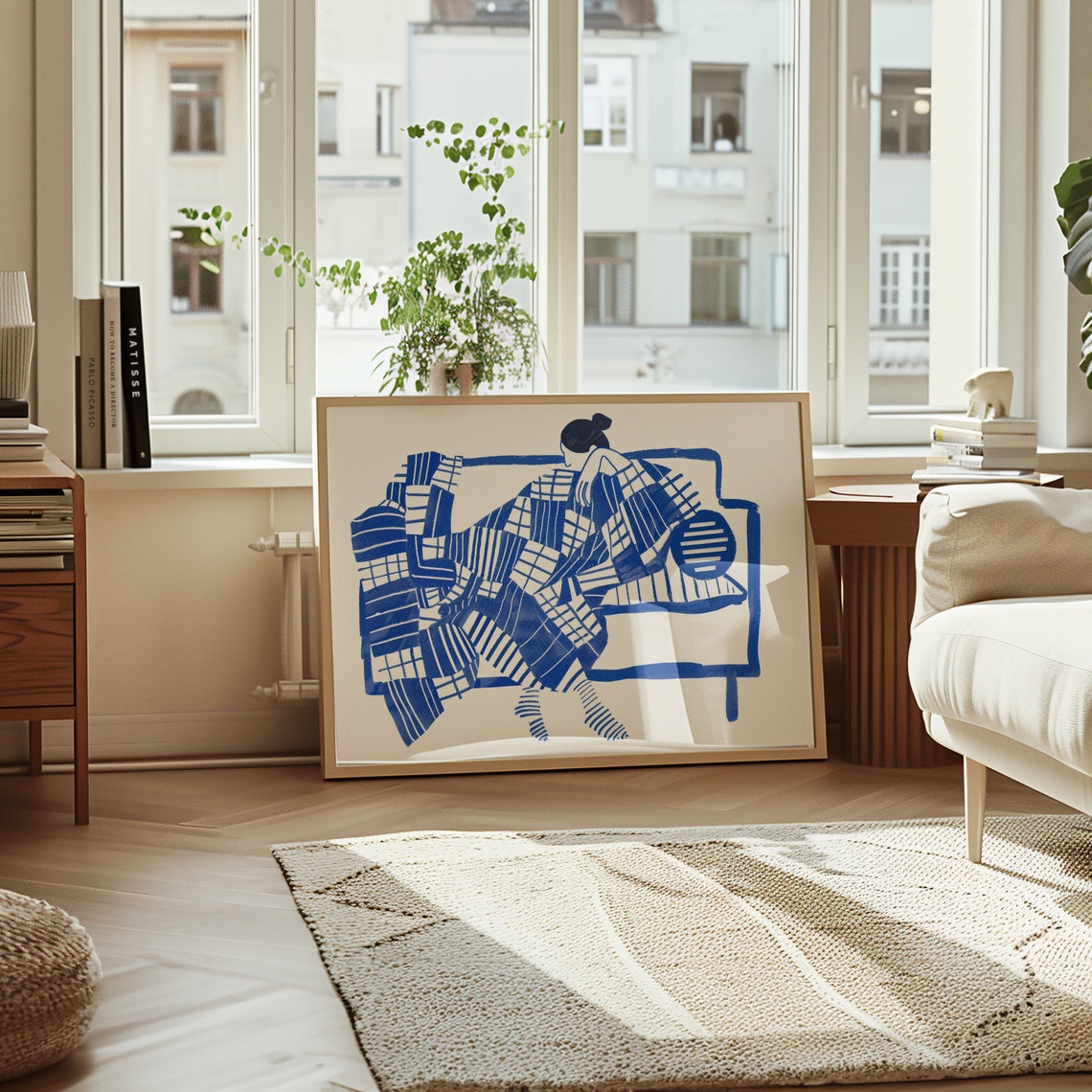 Sleeping Woman Blue Striped Blanket Couch Minimalist Ink Poster - Image 4