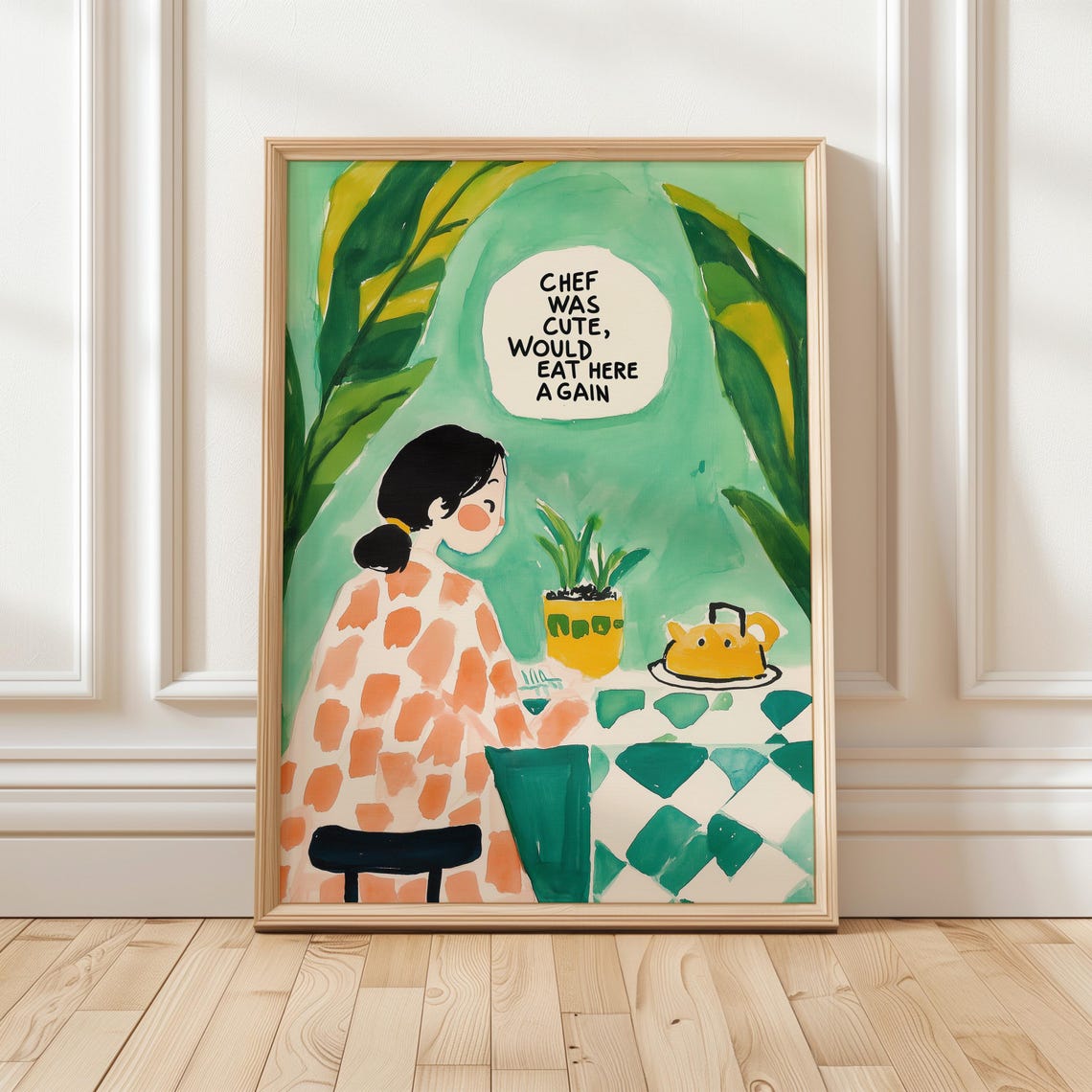 Chef Was Cute Wall Art Whimsical Dining Illustration Funny Restaurant Green And Yellow Kitchen Print