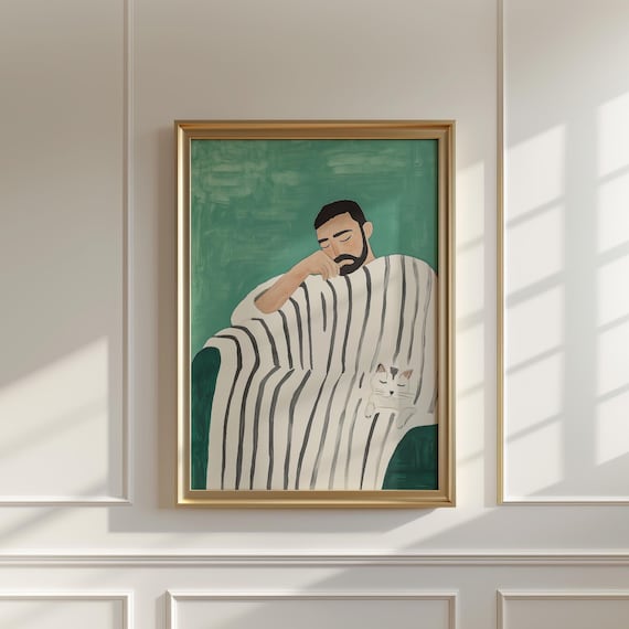 Sleeping Bearded Man With Little White Cat Cozy Green Nap Wall Art