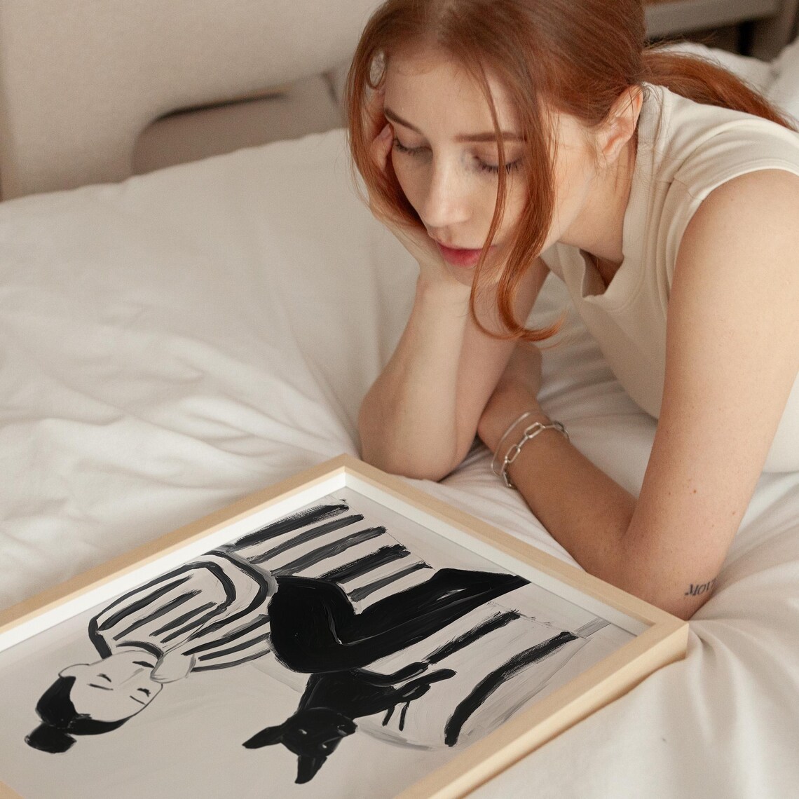 Woman With Dog Monochrome Ink Relaxing Moment Black White Poster - Image 2