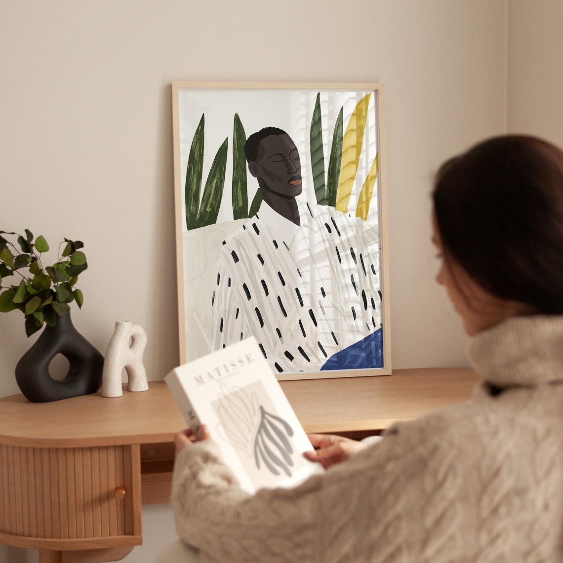 Man Portrait Art Print Modern Wall Art With Botanical Accents Minimalist Bold Neutral Home Decor Boho Living Room Art