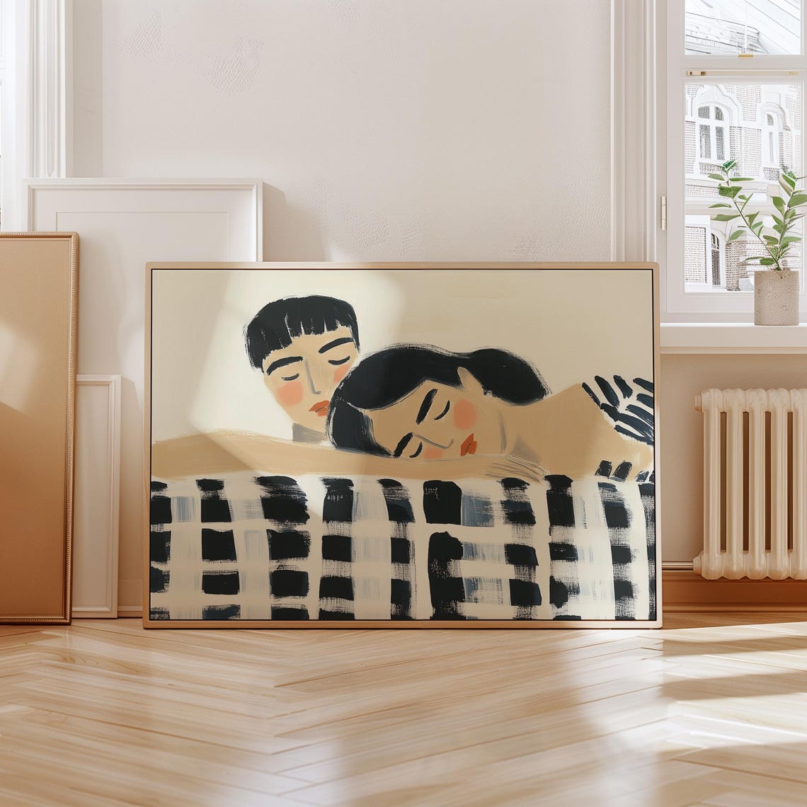 Two Women Sleeping Side by Side on a Checkered Blanket Poster