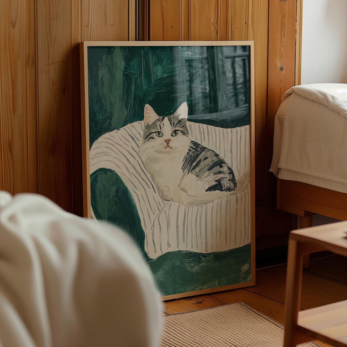 Cozy Tabby Cat Portrait On Striped Chair Green Whimsical Poster - Image 4
