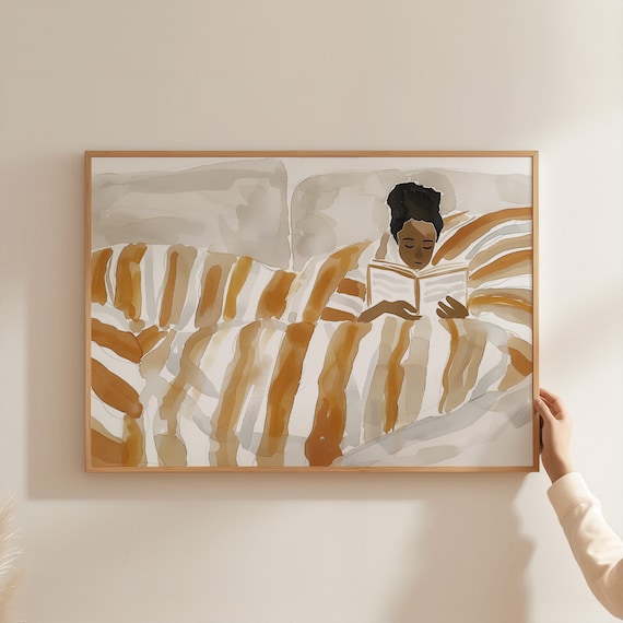 Cozy Woman Reading In Bed Watercolor Brown Striped Blanket Poster