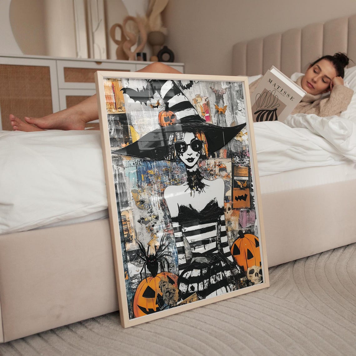 Gothic Witch With Sunglasses Orange Newspaper Collage Halloween Poster - Image 4