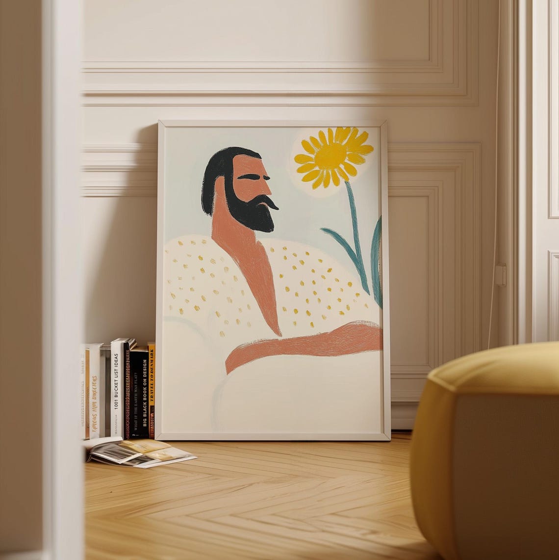 Bearded Man Profile With Yellow Sunflower And Dotted Robe Art Poster