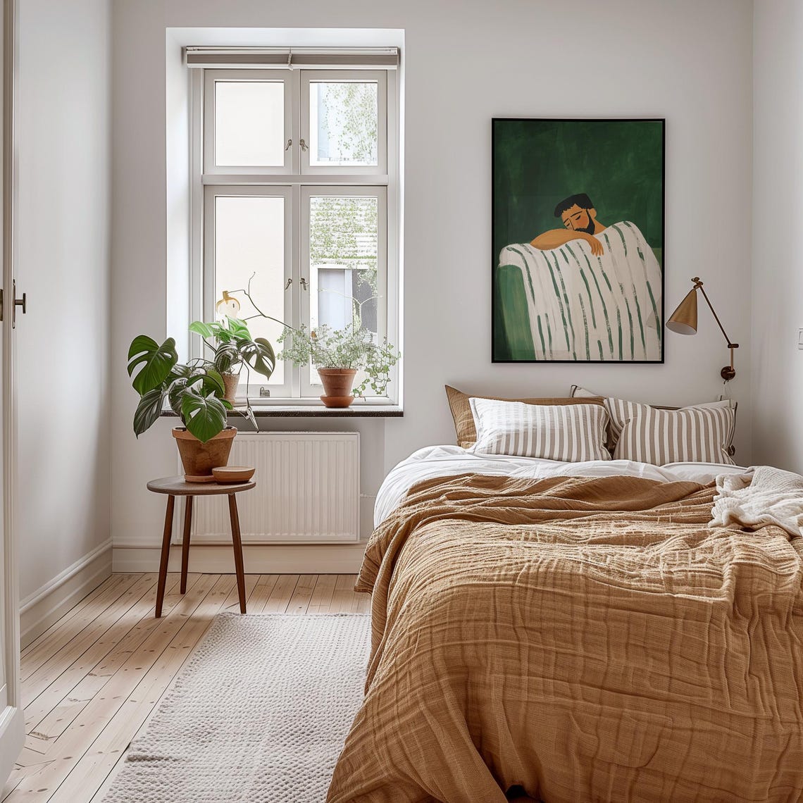 Bearded Man Sleeping Under Striped Blanket Deep Green Wall Art - Image 2