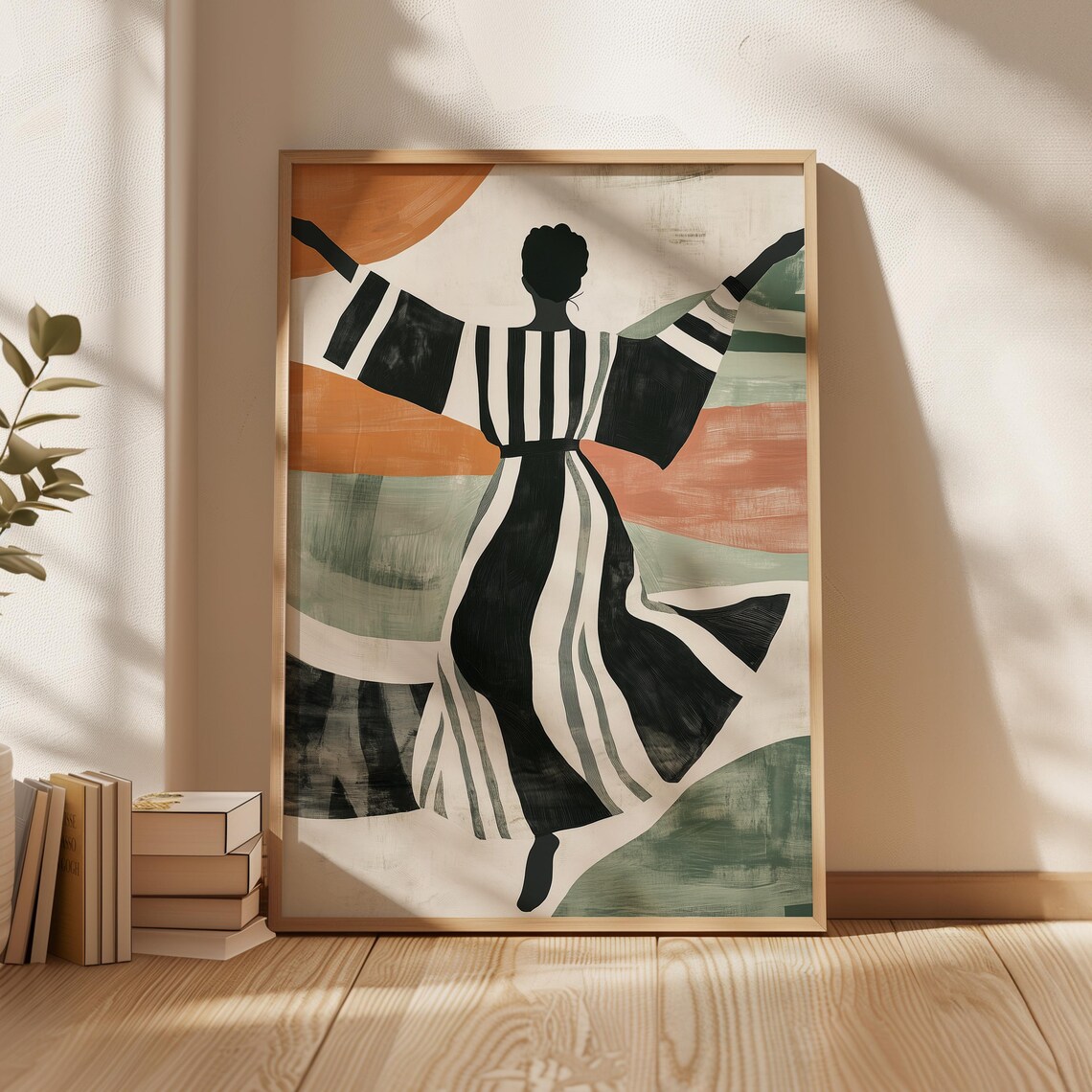 Dancing Woman In Striped Kimono Abstract Terracotta Sage Bold Artwork Poster
