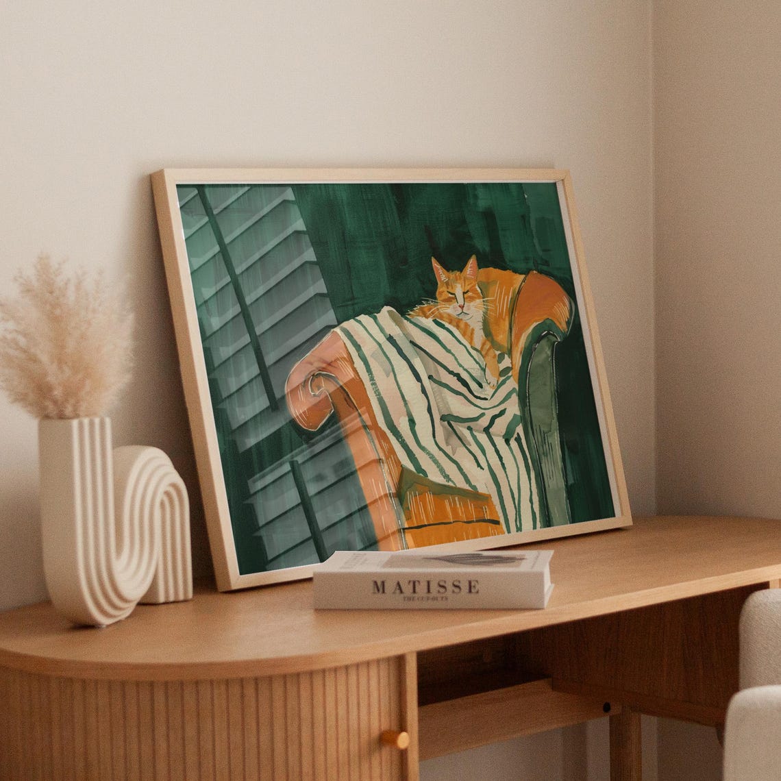 Sleeping Orange Cat Striped Blanket Couch Emerald Green Pet Art Poster - Image 4
