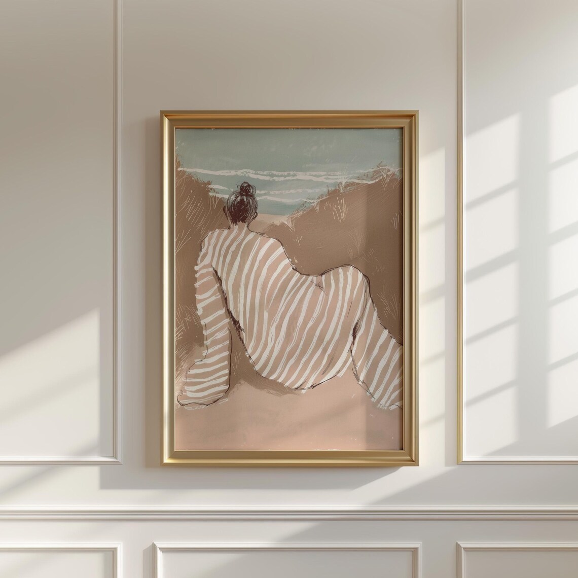 Woman Striped Dress Ocean Dunes Dreamy Coastal Illustration Art Poster - Image 3