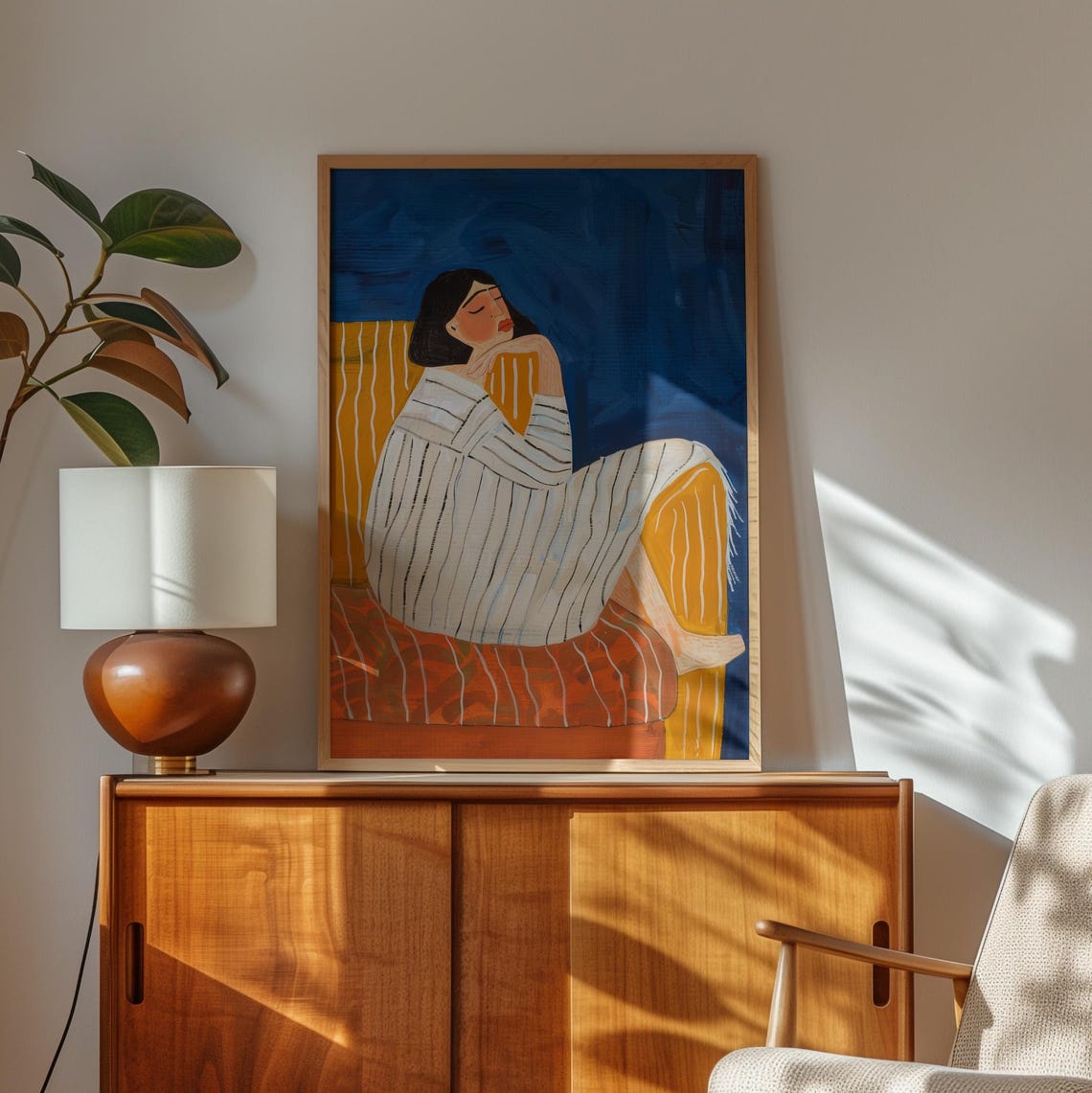 Woman Reclining Striped Dress Couch Deep Blue Orange Modern Art Poster - Image 2