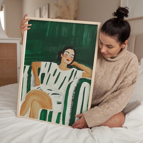 Woman in Striped Dress Resting Relaxed Green Modern Figure Art Poster