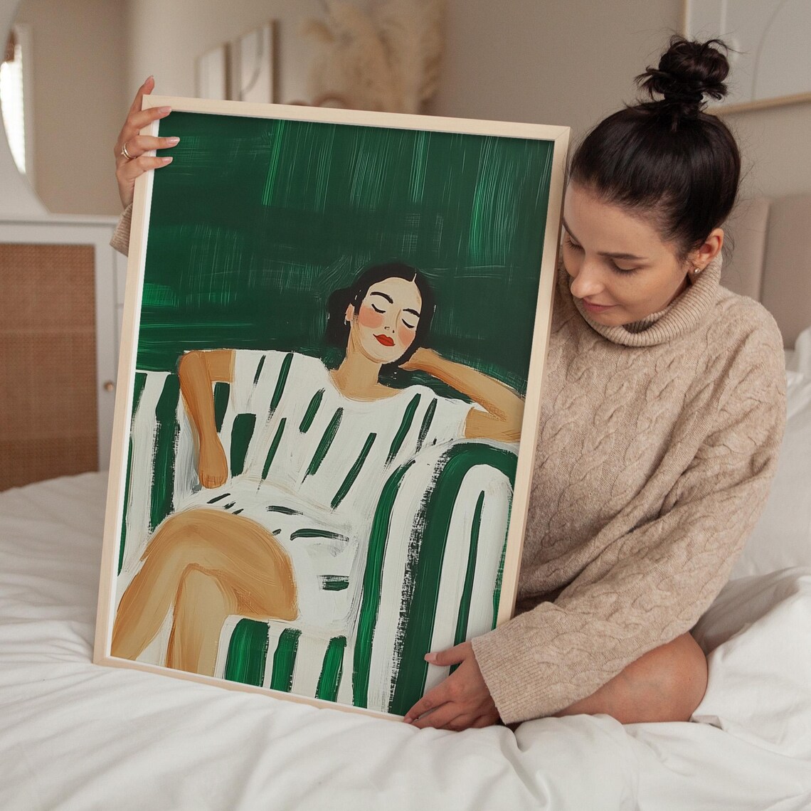 Woman in Striped Dress Resting Relaxed Green Modern Figure Art Poster