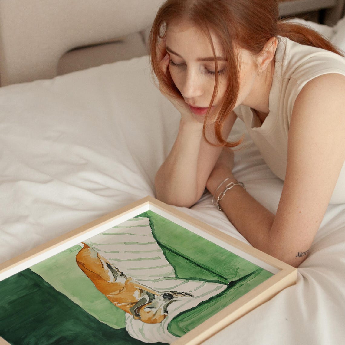 Sleeping Greyhound Dog Watercolor Cozy Green Couch Pet Art Poster - Image 3