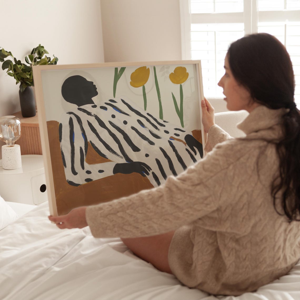 Reclining Figure in Striped Dress with Yellow Tulips Behind Poster - Image 5