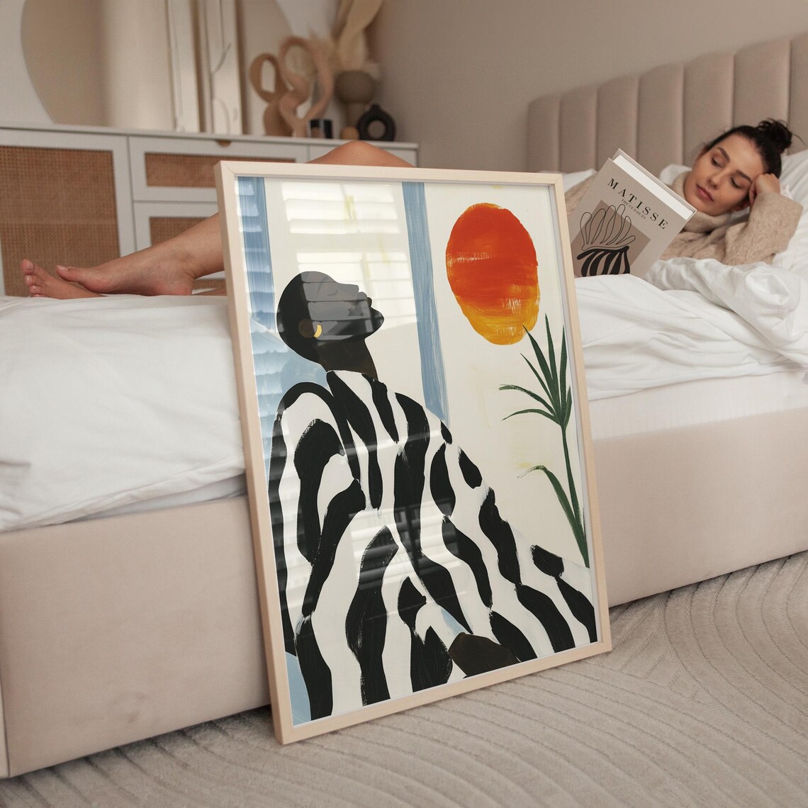 Woman In Zebra Striped Robe Under Orange Sun Minimalist Art Poster - Image 2