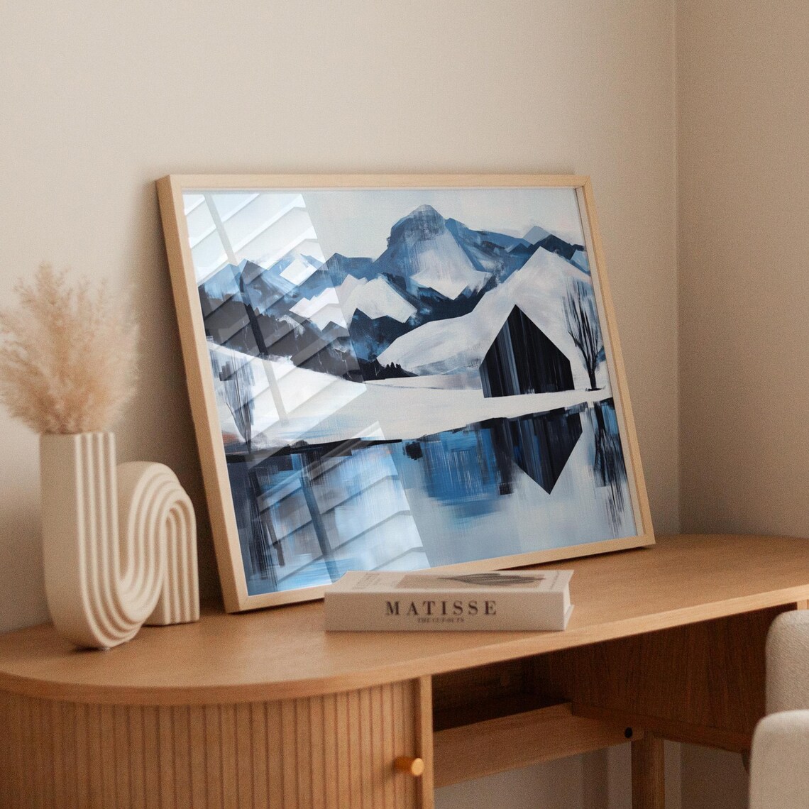 Modern Abstract Winter Landscape, Snowy Mountains and Cabin - Image 5