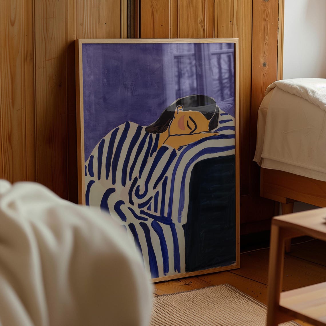 Sleeping Woman Abstract Purple Background Blue Striped Figure Poster - Image 4