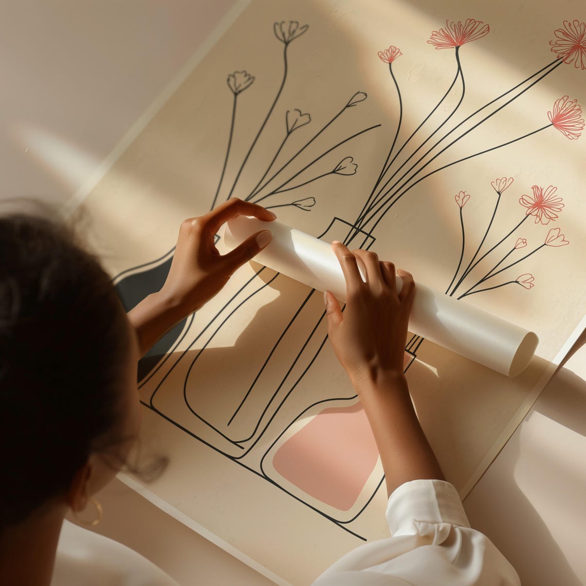 Minimalist Vases With Delicate Pink Flowers Line Art Beige Poster - Image 2