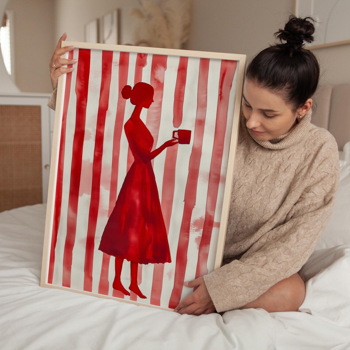 Red Silhouette Woman With Coffee, Minimalist Poster