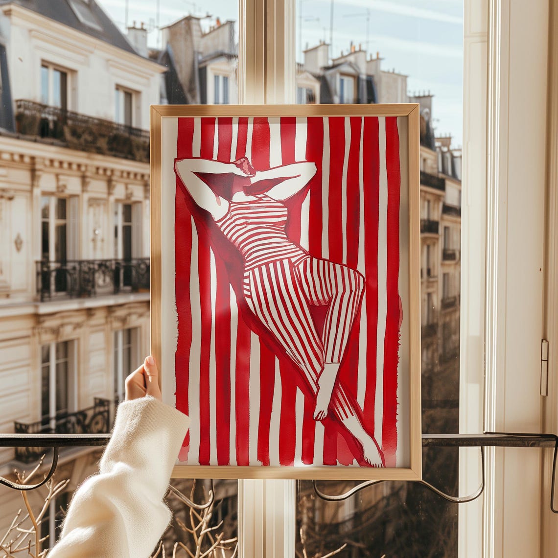 Red Striped Woman Reclining Hands Behind Head Bold Art Poster