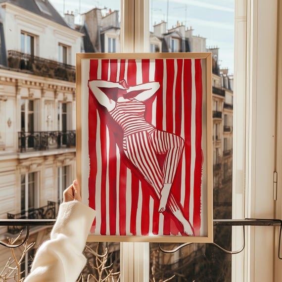 Red Striped Woman Art Modern Abstract Poster Bold Contemporary Wall Print Minimalist Red Artwork Artistic Home Decor Illustration