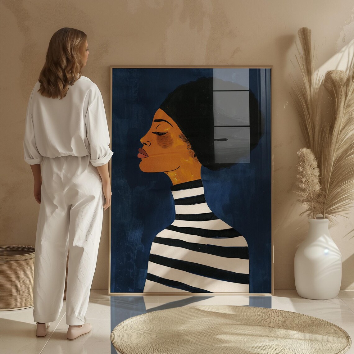 Woman with Afro Profile Bold Striped Turtleneck Navy Art Poster - Image 2