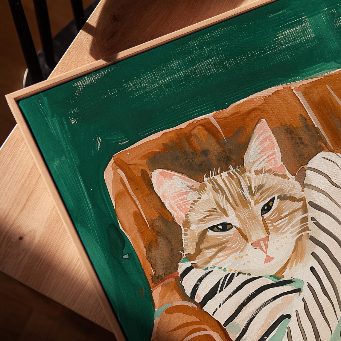 Cozy Tabby Cat Sleeping Under Striped Blanket Armchair Poster - Image 3
