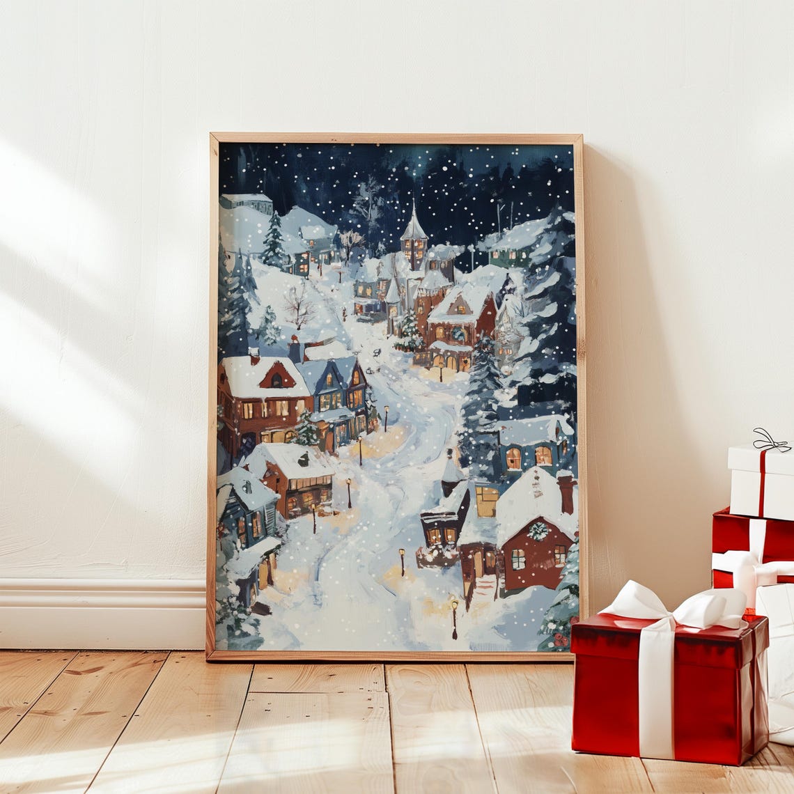 Snowy Christmas Village Night Magical Charming Cozy Winter Art Poster - Image 2