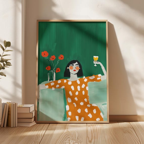 Woman In Orange Polka Dot Dress, Art Print