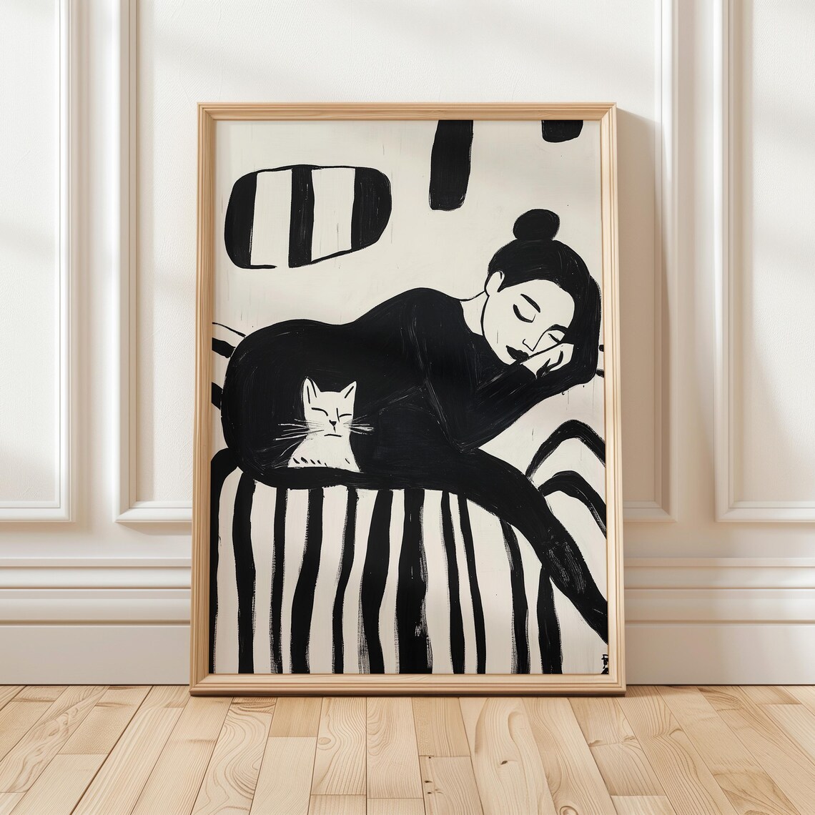 Sleeping Woman Cuddling White Cat Black White Cozy Nap Wall Art