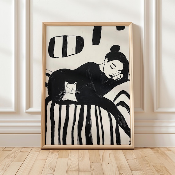 Sleeping Woman Cuddling White Cat Black White Cozy Nap Wall Art