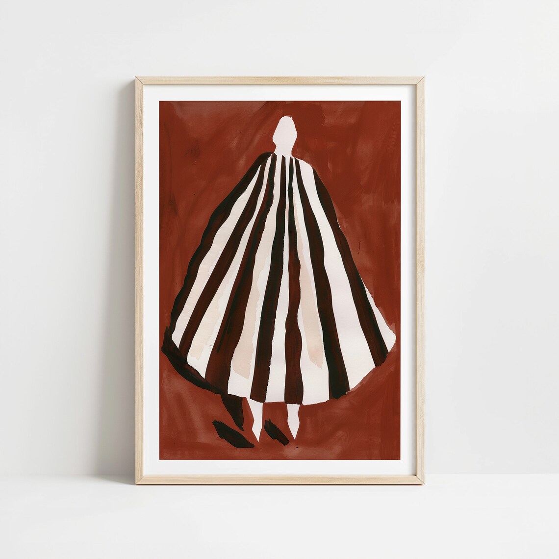 Abstract Woman Striped Dress Deep Red Background Modern Art Poster