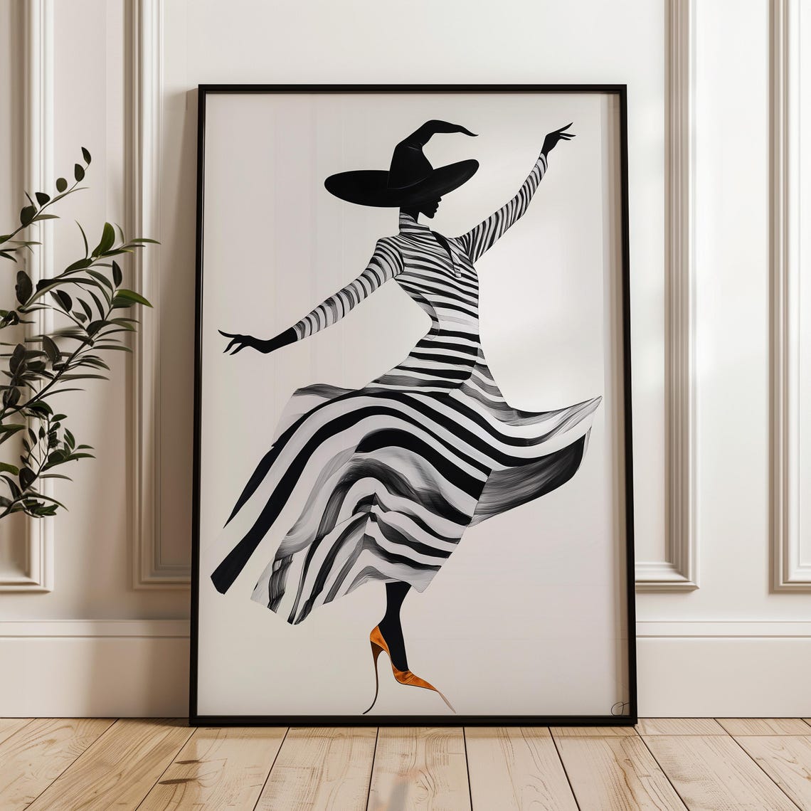 Dancing Striped Dress Witch in Orange Heels Halloween Art Poster