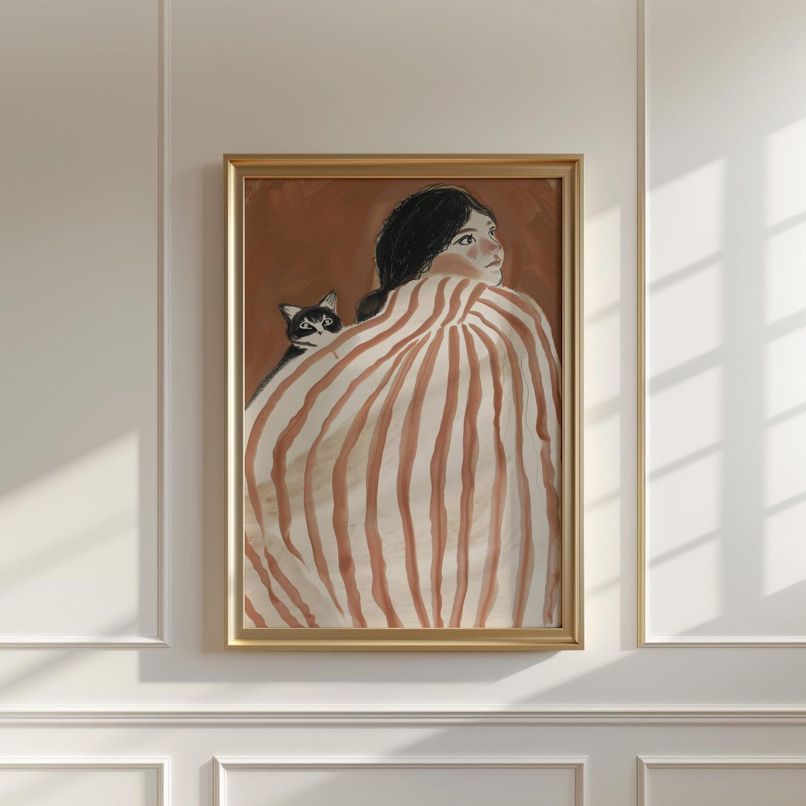 Whimsical Woman And Cat Striped Blanket Warm Brown Art Poster - Image 3
