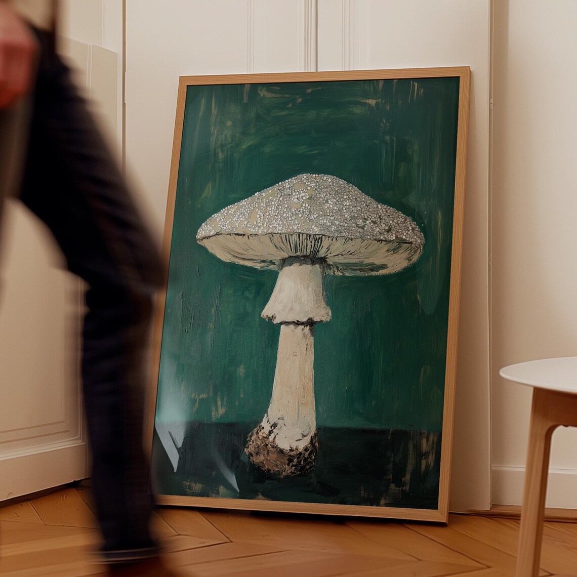 Textured Mushroom Botanical Painting on Emerald Green Poster - Image 3